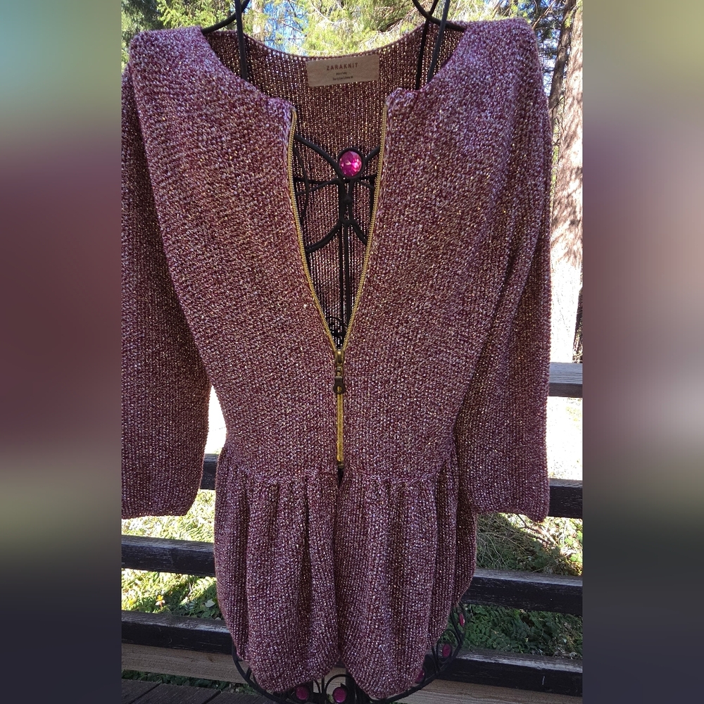 Zara Metallic Pink/Plum Silver Metalic Knit Zip Front Top SzL - Picture 5 of 12